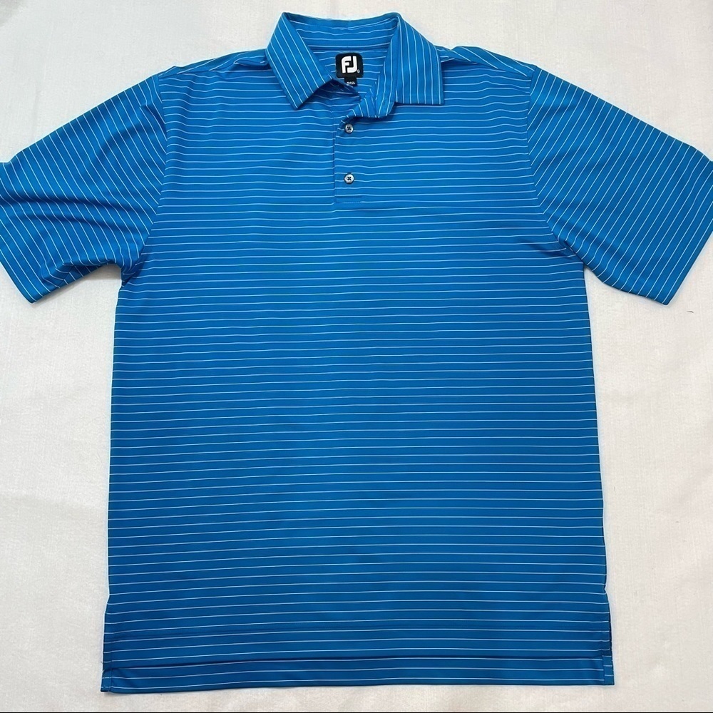 FootJoy Blue & white striped shorts sleeve golf polo shirt performance wear LG 
